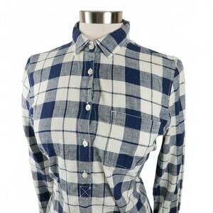 J Crew Womens Cotton 1/2 Button Down Navy White Plaid Tunic Blouse Shirt XS